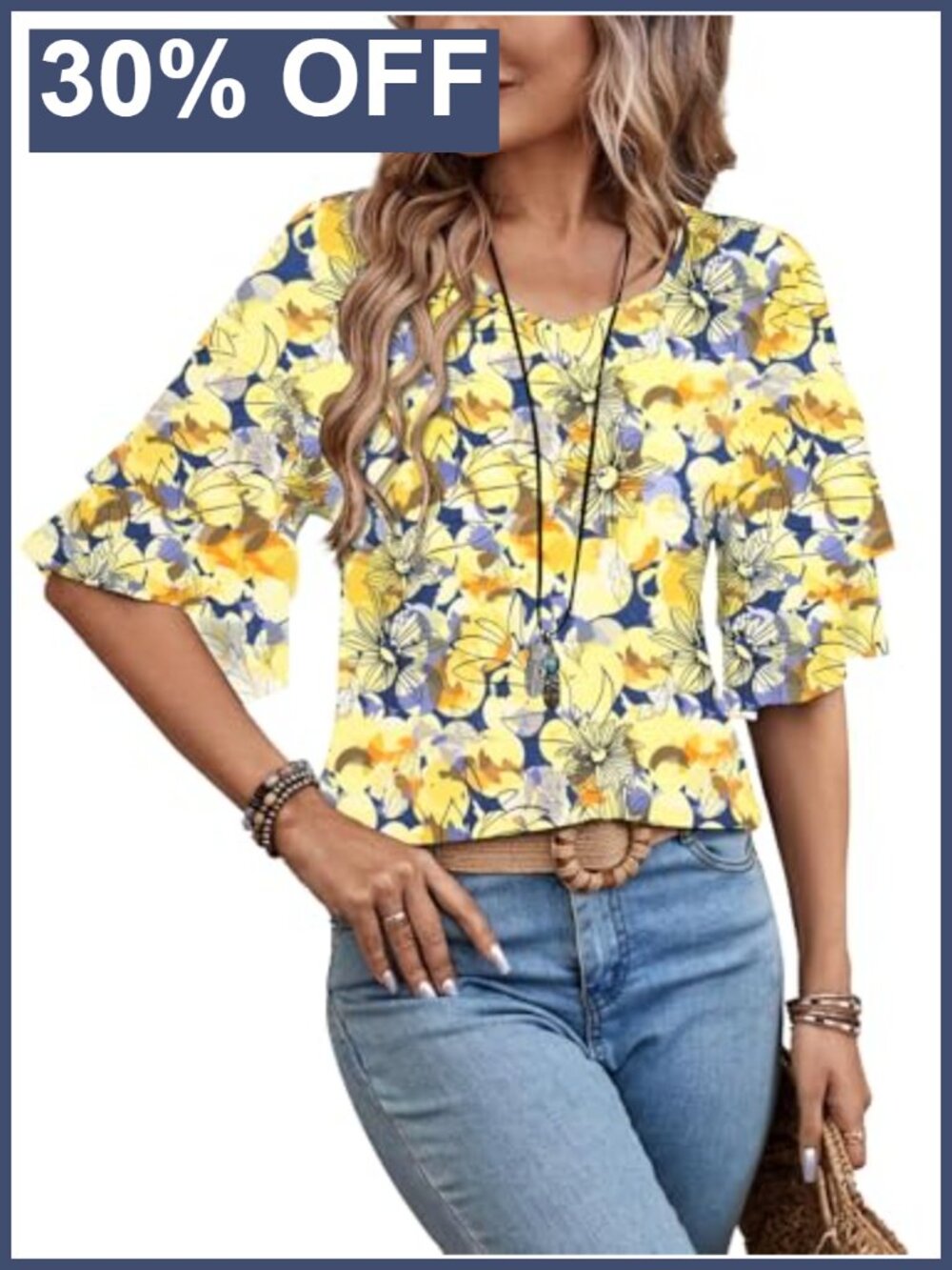 Womens 3/4 Sleeve Ruffle V Neck Floral Tunic Blouse Casual Top